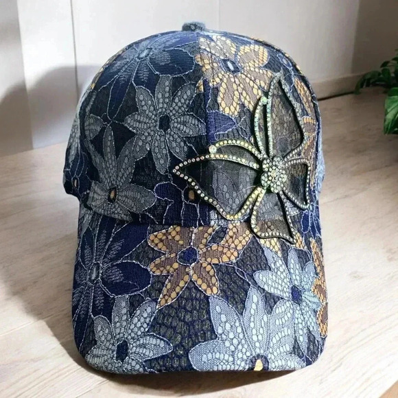 Boutique Handcrafted Feminine Floral Lace Embroidered Butterfly Baseball Cap Hat - Picture 8 of 8